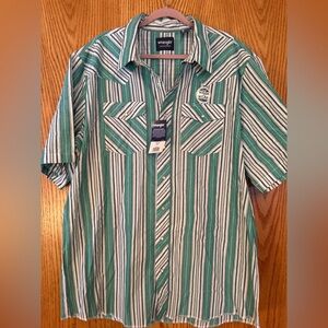 Wrangler Men's Green and White Striped Shirt